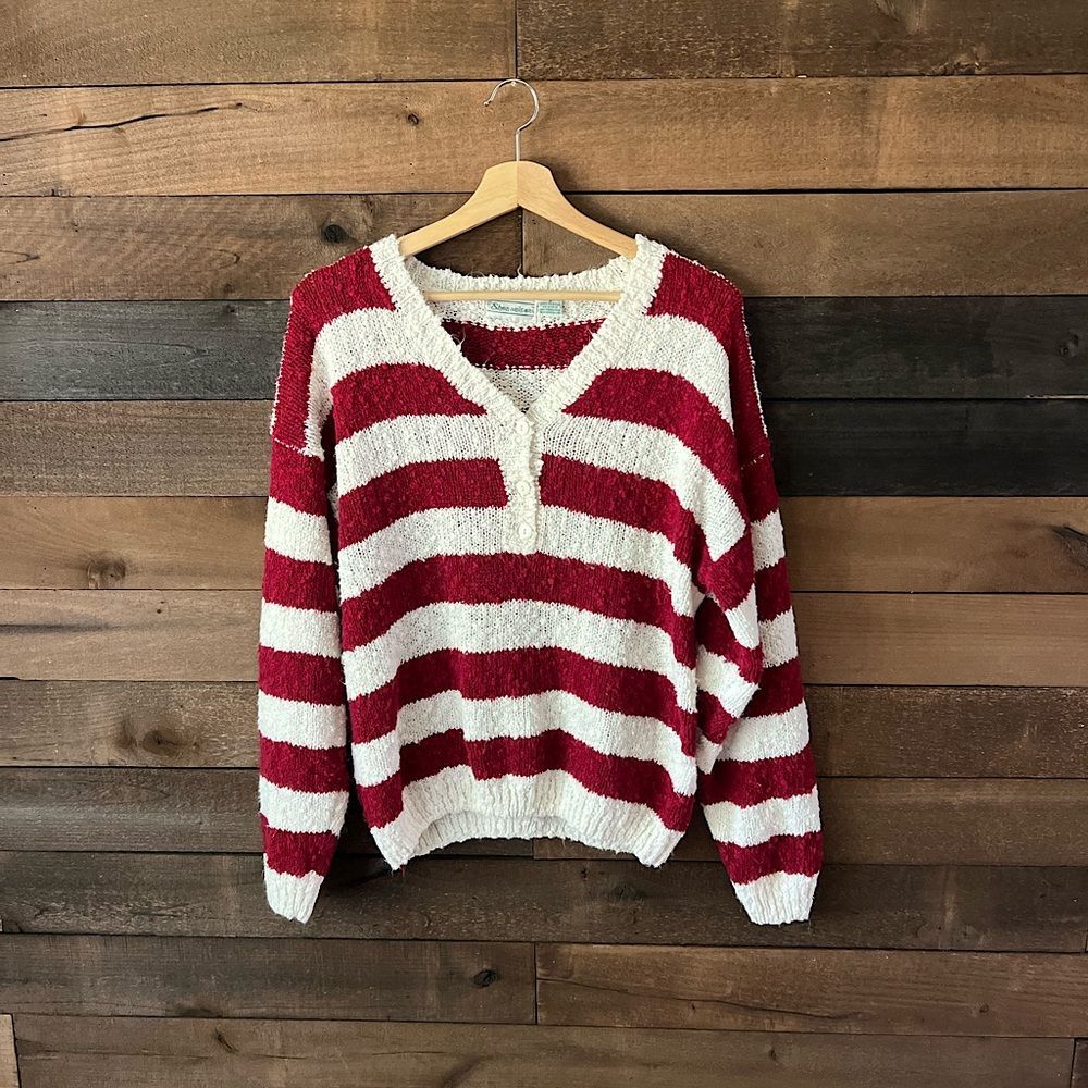 Vintage 90s Red & White Striped Textured Knit Sweater by Shenanigans